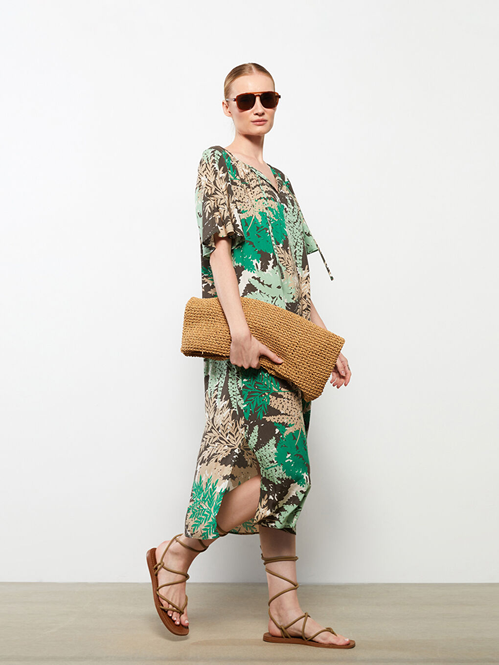 Tie Collar Patterned Short Sleeve Viscose Women's Dress