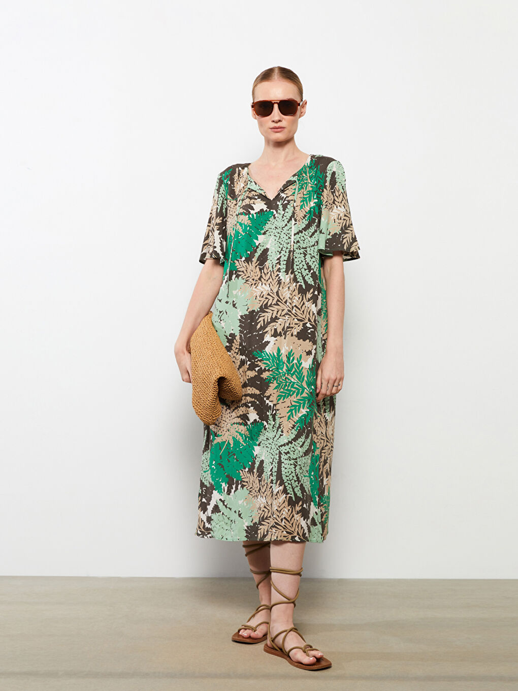 Tie Collar Patterned Short Sleeve Viscose Women's Dress-1