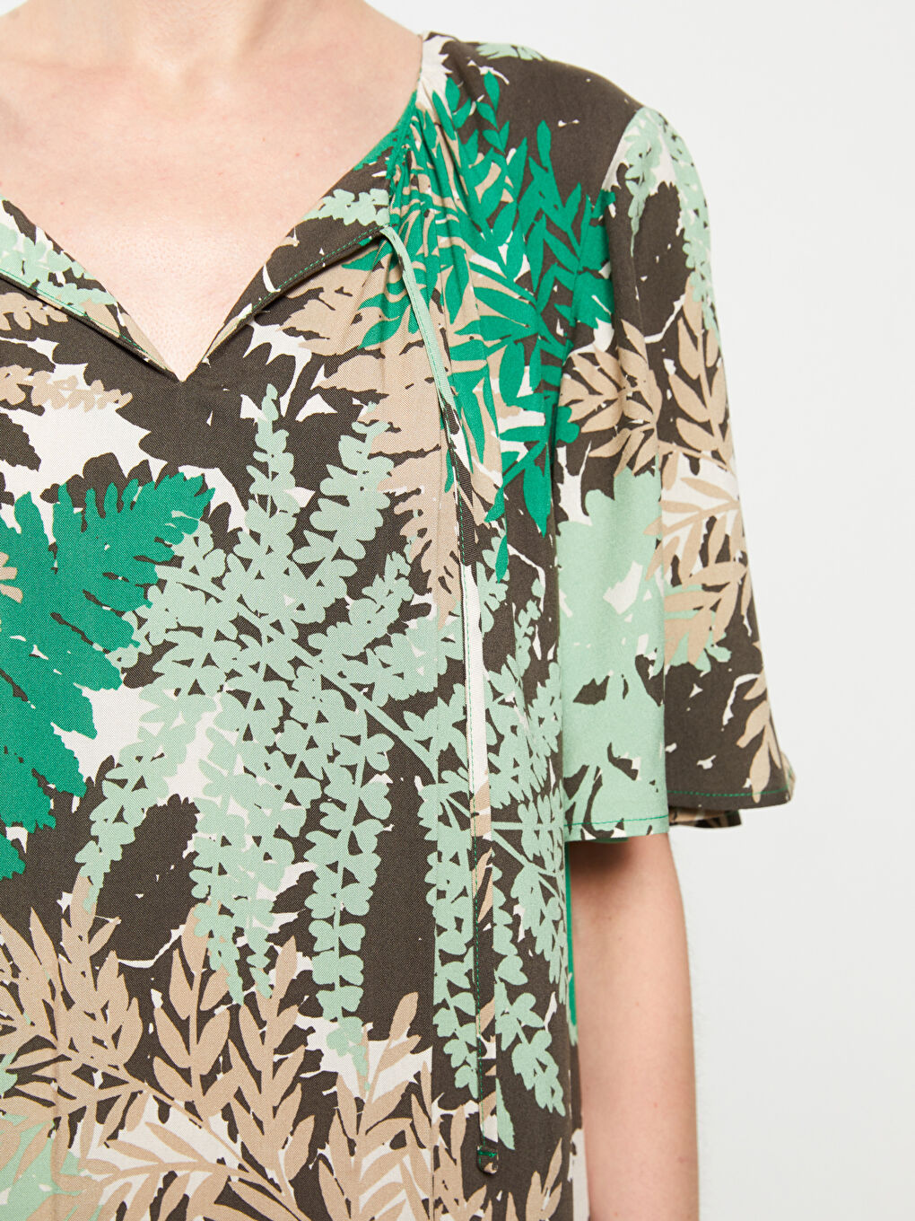 Tie Collar Patterned Short Sleeve Viscose Women's Dress-3