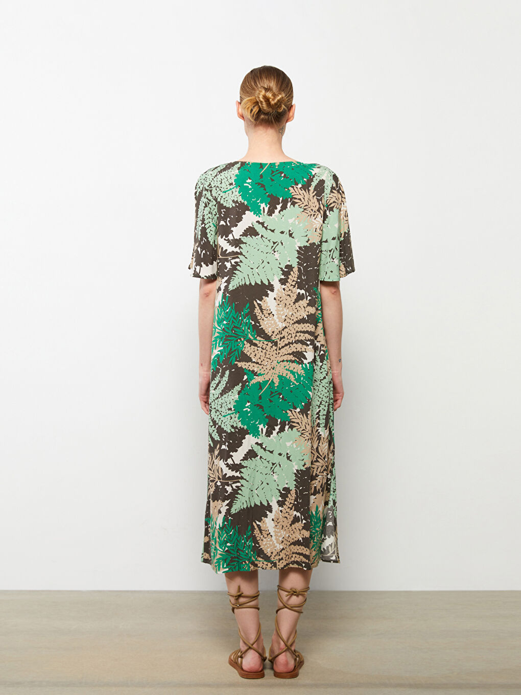 Tie Collar Patterned Short Sleeve Viscose Women's Dress-4