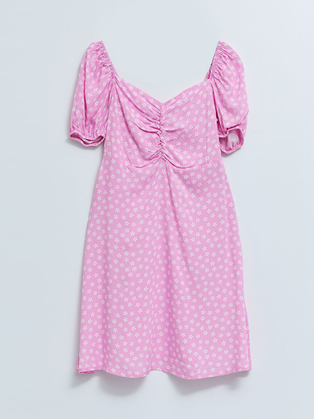 Pembe Kalp Yaka Çiçekli Kısa Kollu Kadın Elbise-4