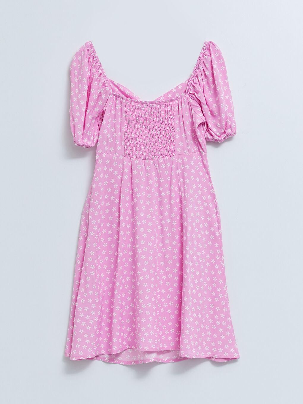 Pembe Kalp Yaka Çiçekli Kısa Kollu Kadın Elbise-5