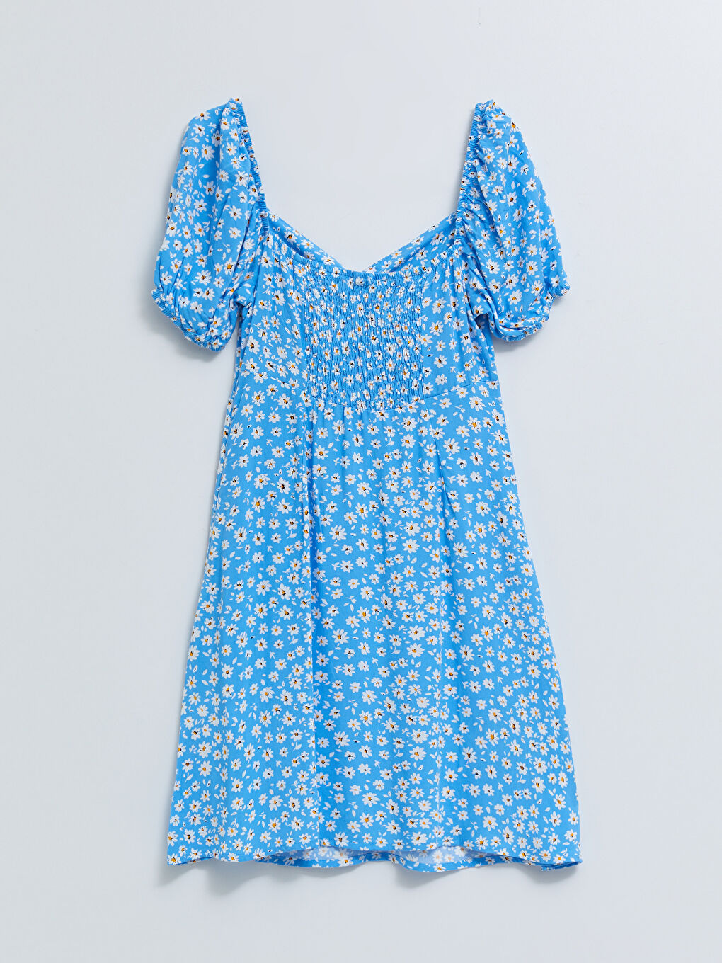 Mavi Kalp Yaka Çiçekli Kısa Kollu Kadın Elbise-1