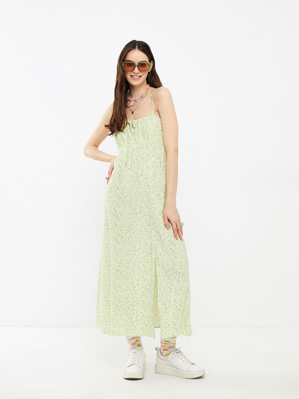 Square Neck Strap Floral Viscose Women's Dress-1