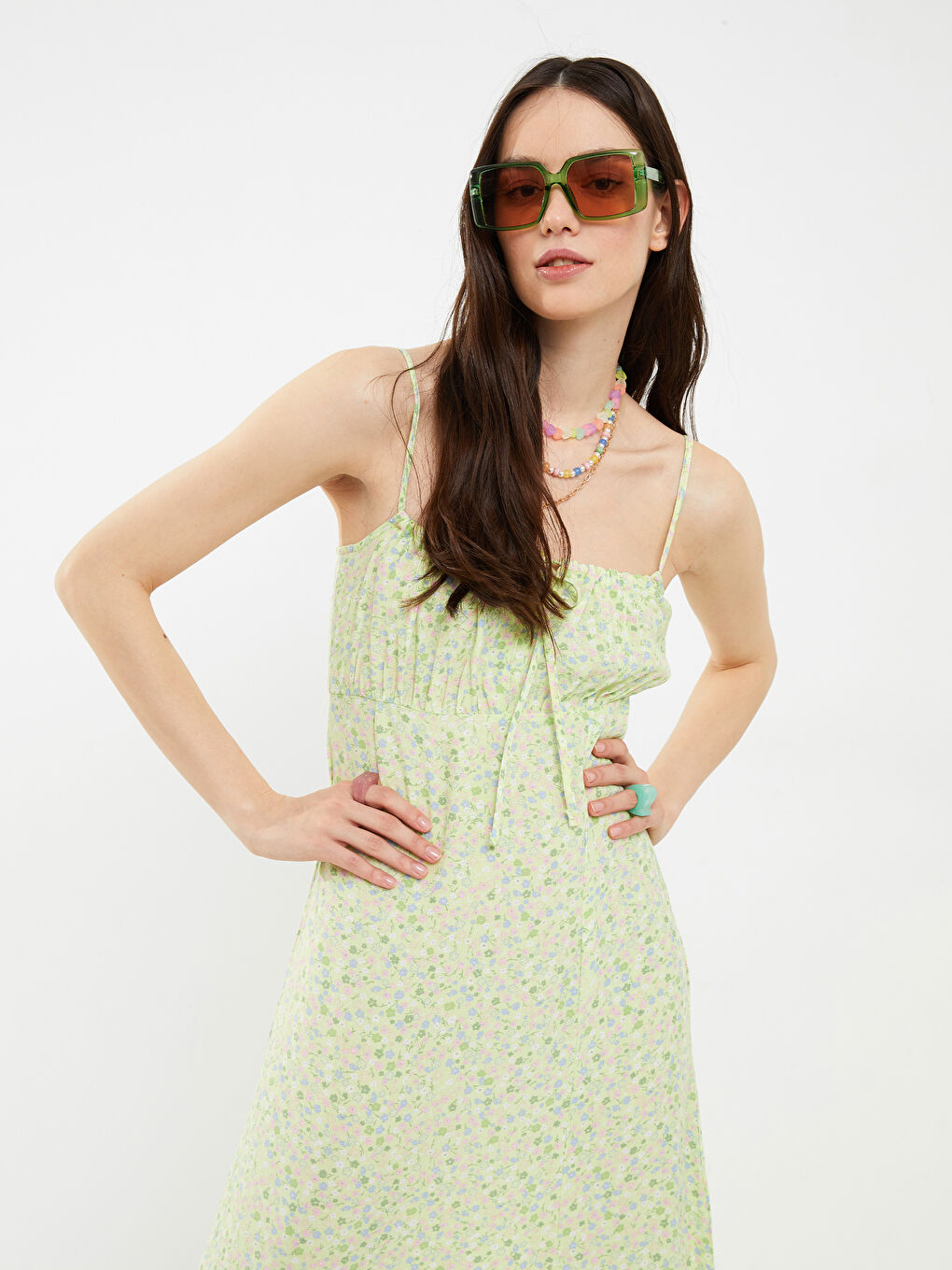 Square Neck Strap Floral Viscose Women's Dress-2