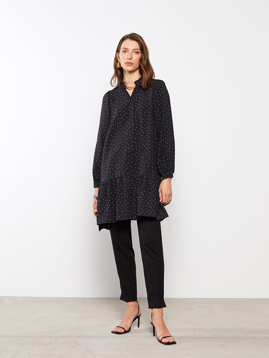 Tunică cu Decolteu Henley, Buline, Mânecă Lungă pentru Femei