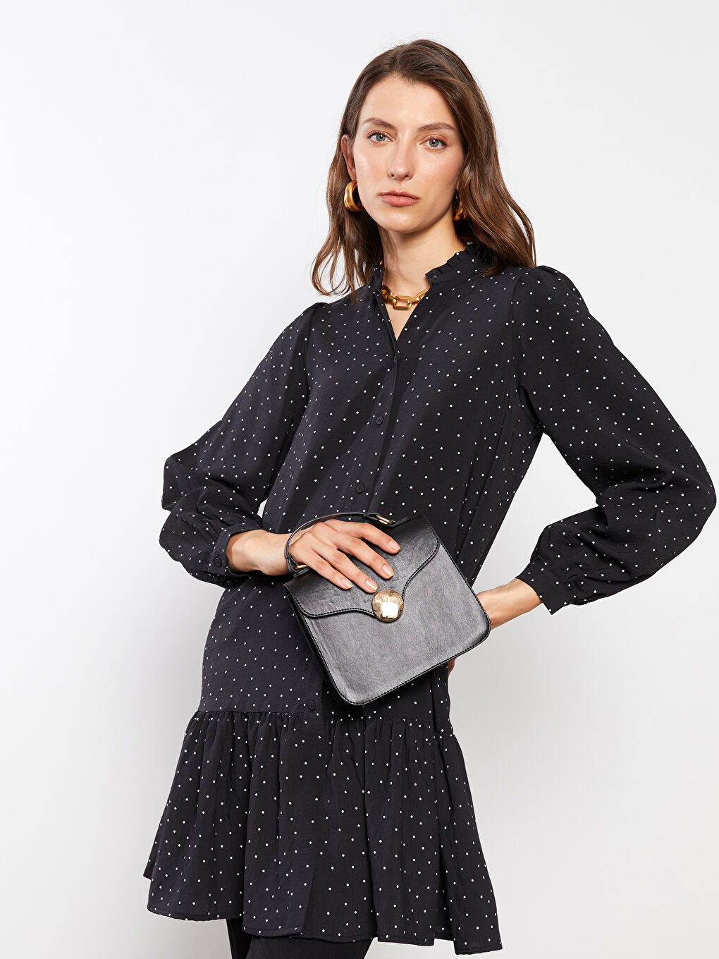 Tunică cu Decolteu Henley, Buline, Mânecă Lungă pentru Femei-1