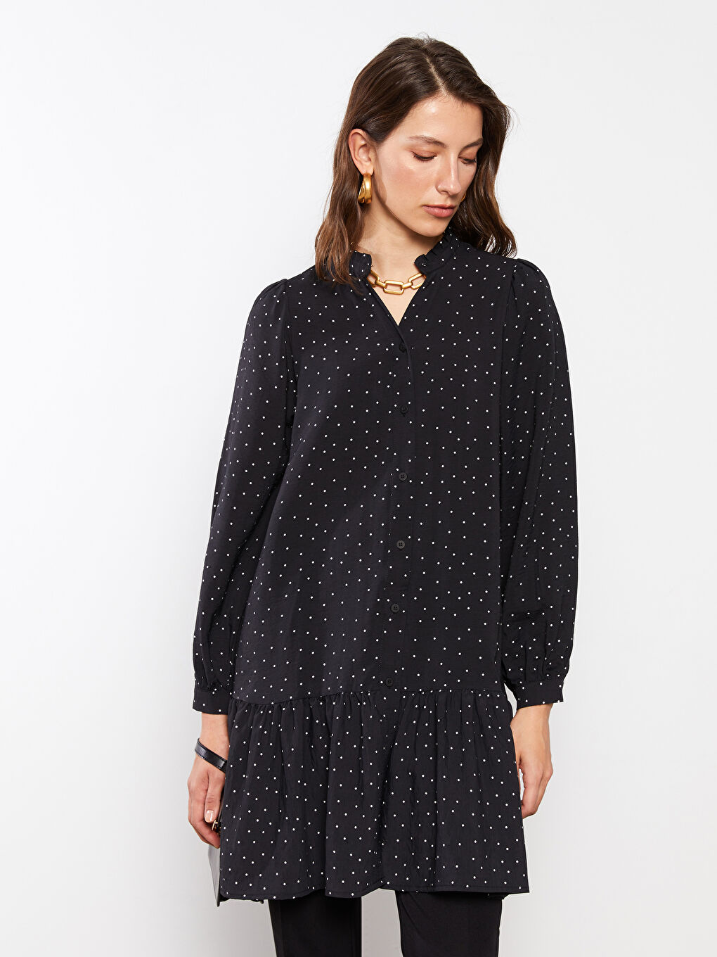 Tunică cu Decolteu Henley, Buline, Mânecă Lungă pentru Femei-2