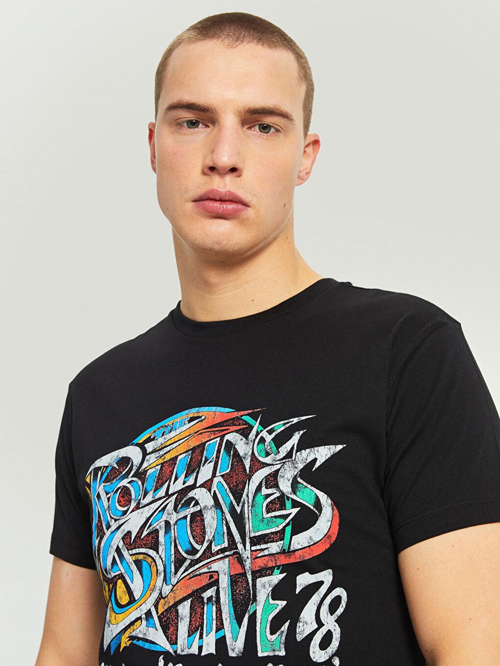 Siyah Bisiklet Yaka Kısa Kollu Rolling Stones Baskılı Penye Erkek Tişört