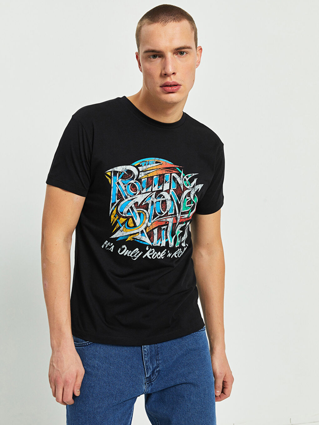 Siyah Bisiklet Yaka Kısa Kollu Rolling Stones Baskılı Penye Erkek Tişört-1