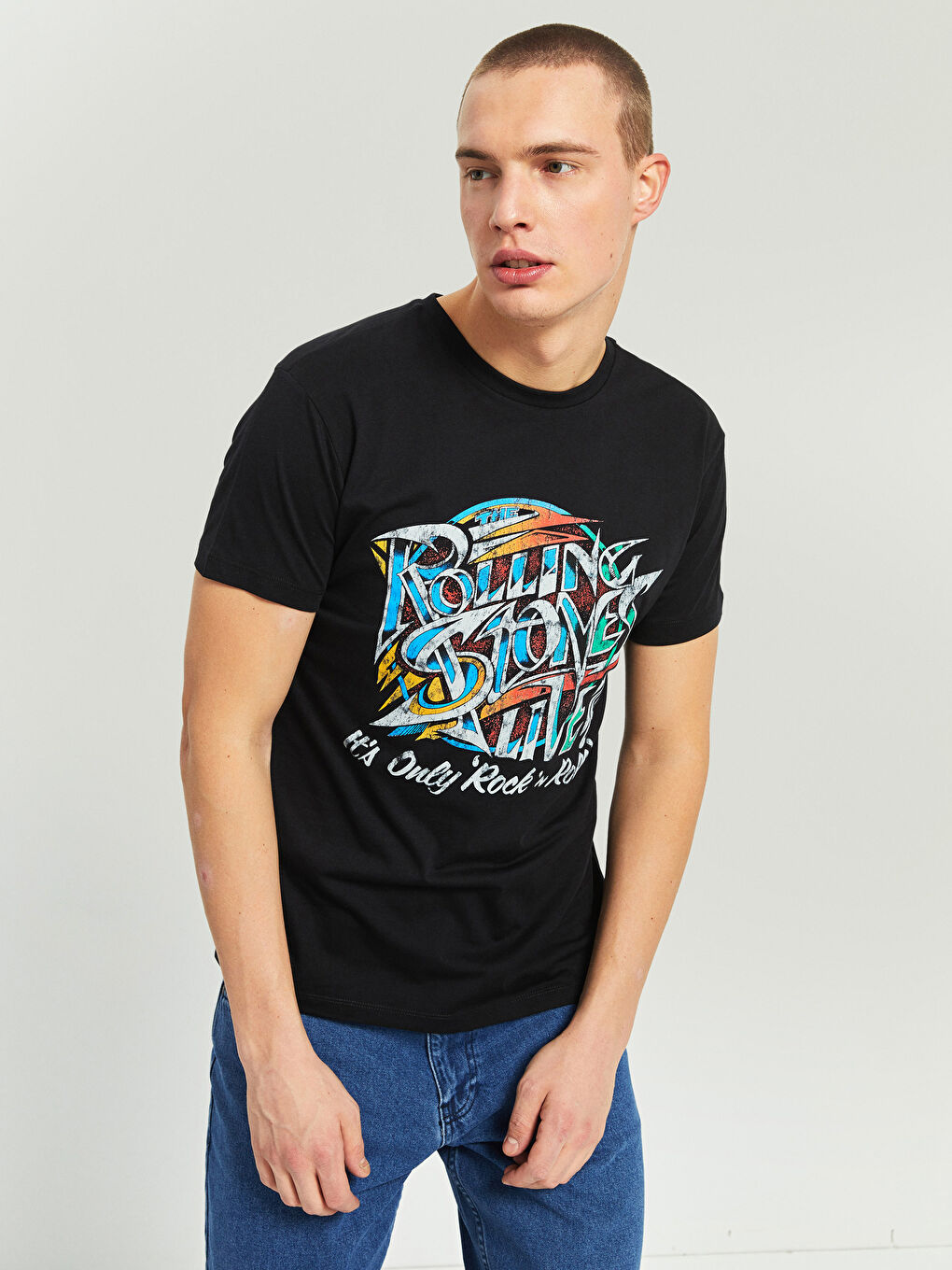 Siyah Bisiklet Yaka Kısa Kollu Rolling Stones Baskılı Penye Erkek Tişört-2