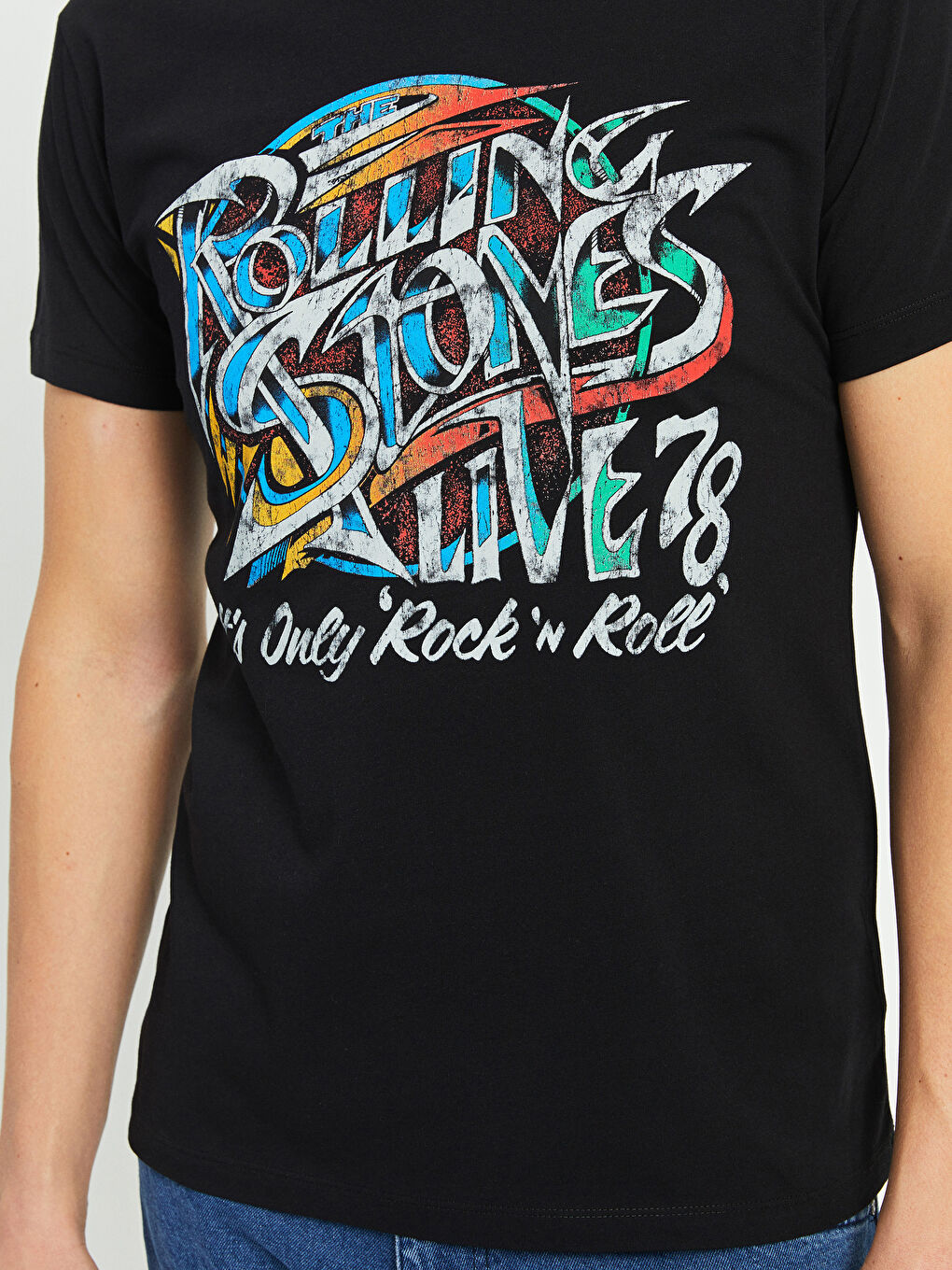Siyah Bisiklet Yaka Kısa Kollu Rolling Stones Baskılı Penye Erkek Tişört-3