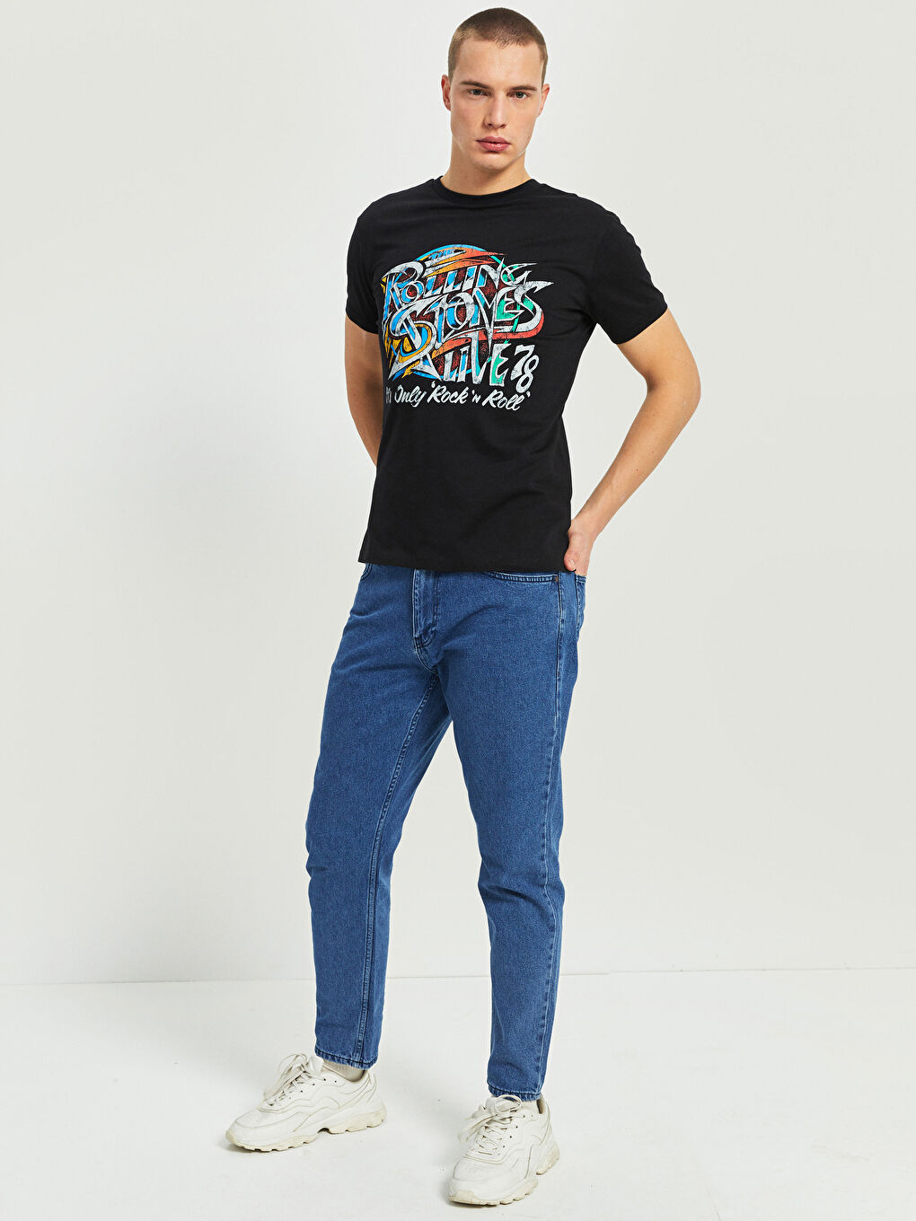Siyah Bisiklet Yaka Kısa Kollu Rolling Stones Baskılı Penye Erkek Tişört-4