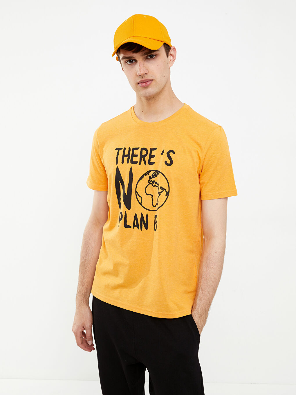 Turuncu Bisiklet Yaka Kısa Kollu Baskılı Erkek Tişört