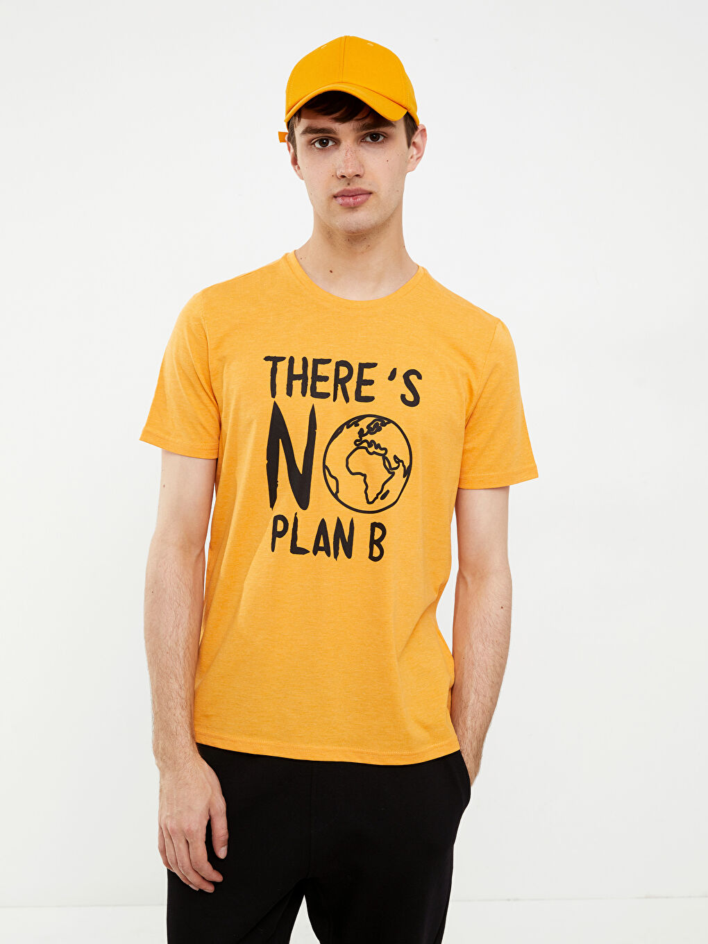 Turuncu Bisiklet Yaka Kısa Kollu Baskılı Erkek Tişört-1