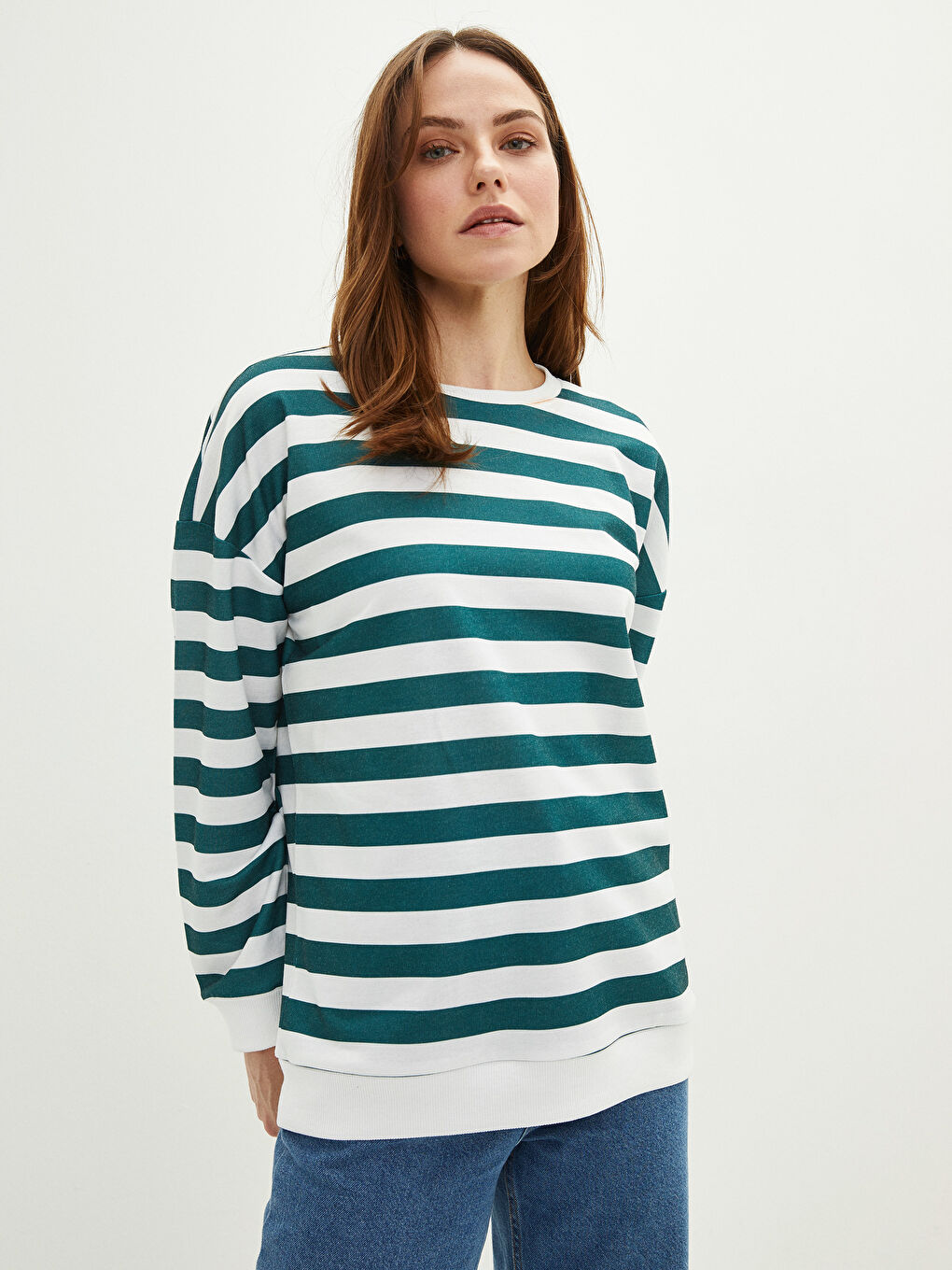 Yeşil Bisiklet Yaka Çizgili Uzun Kollu Kadın Sweatshirt-1