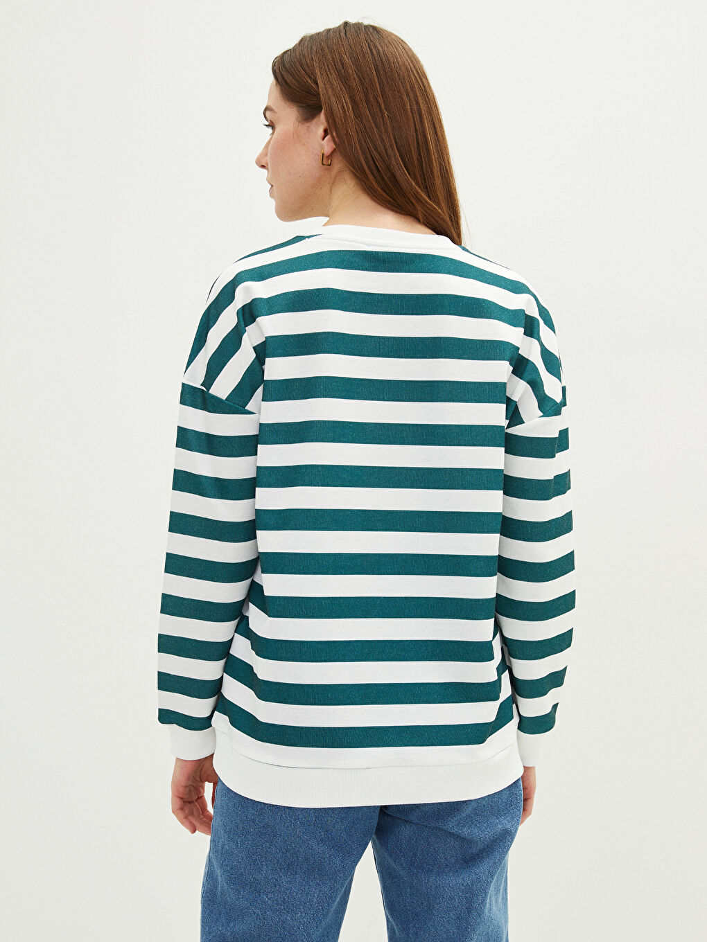 Yeşil Bisiklet Yaka Çizgili Uzun Kollu Kadın Sweatshirt-4