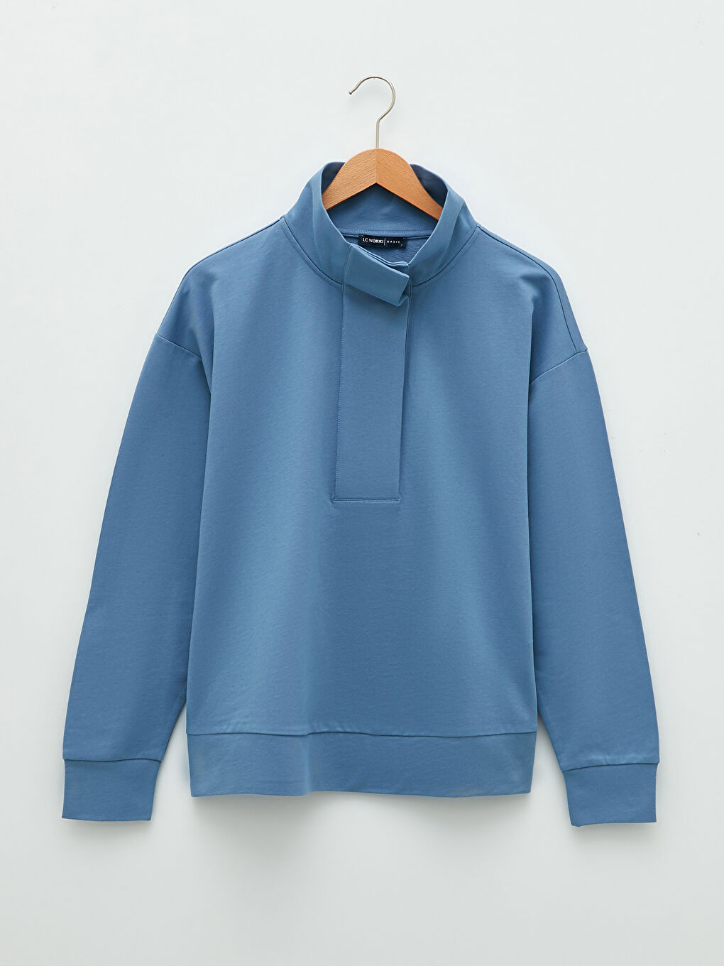 Mavi Dik Yaka Düz Uzun Kollu Pamuklu Kadın Sweatshirt-5