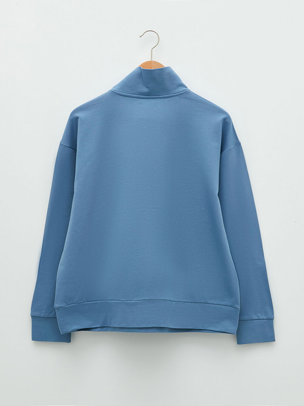 Mavi Dik Yaka Düz Uzun Kollu Pamuklu Kadın Sweatshirt-6