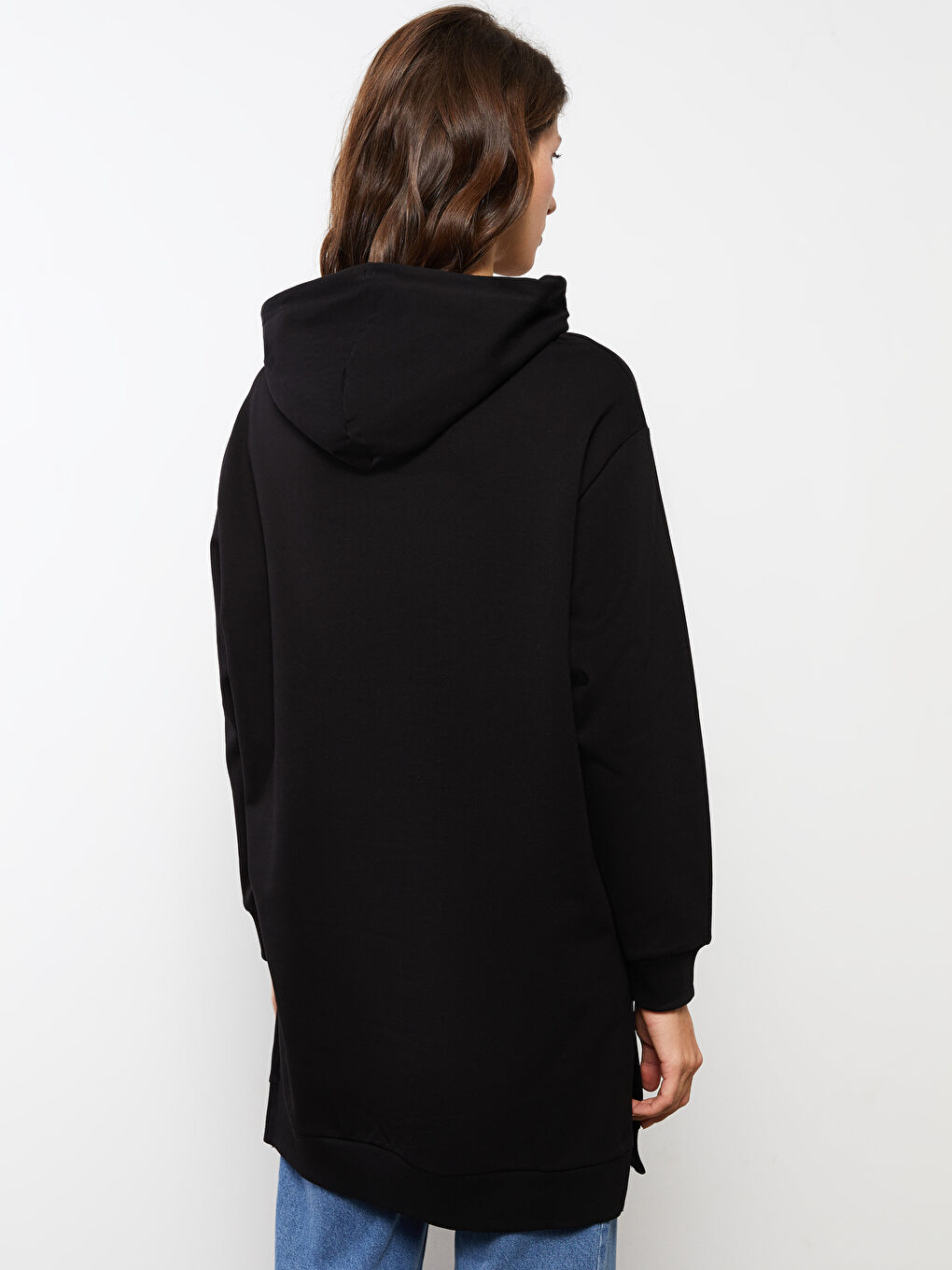 Siyah Kapüşonlu Düz Uzun Kollu Kadın Sweatshirt Tunik-3