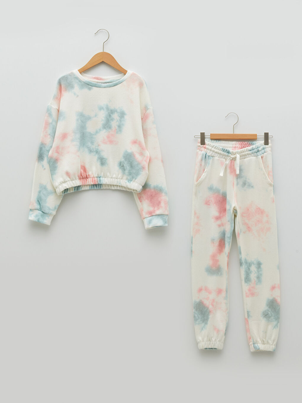 Crew Neck Tie-Dye Patterned Long Sleeve Girls' Sweatshirt and Tracksuit Bottoms