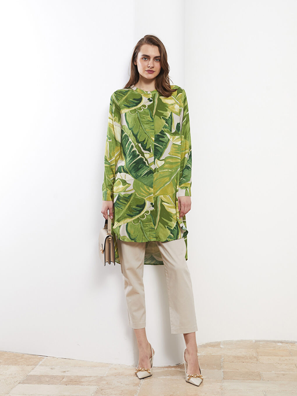 Karışık Bisiklet Yaka Desenli Uzun Kollu Viskon Kadın Tunik