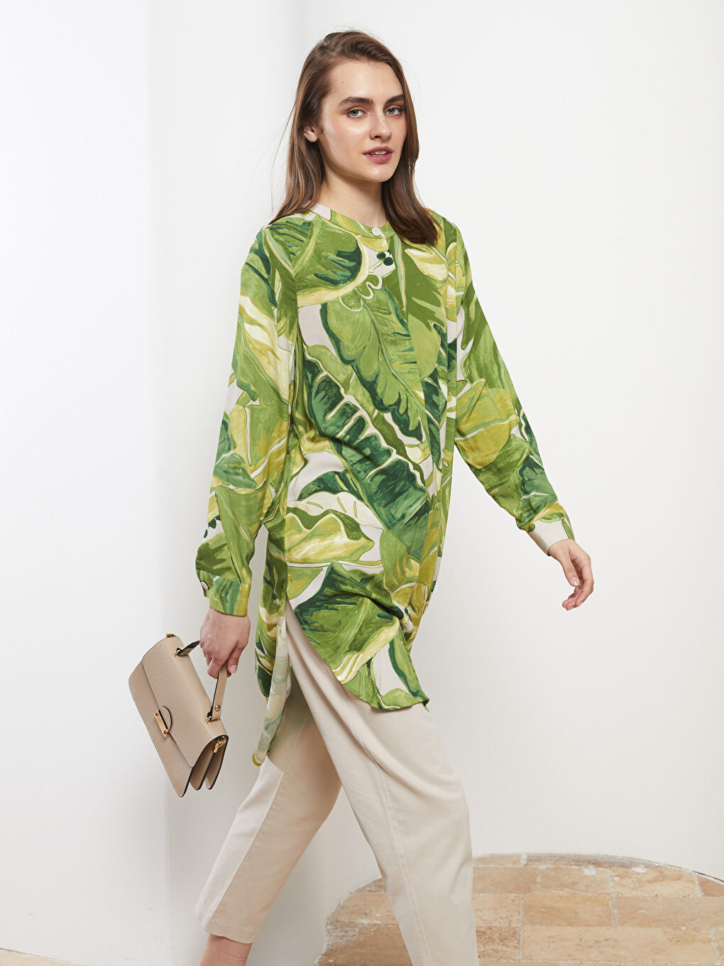 Karışık Bisiklet Yaka Desenli Uzun Kollu Viskon Kadın Tunik-1