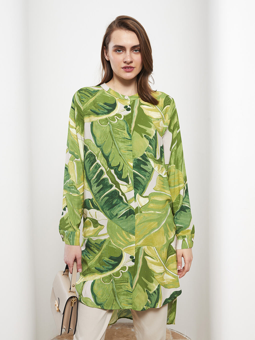 Karışık Bisiklet Yaka Desenli Uzun Kollu Viskon Kadın Tunik-2