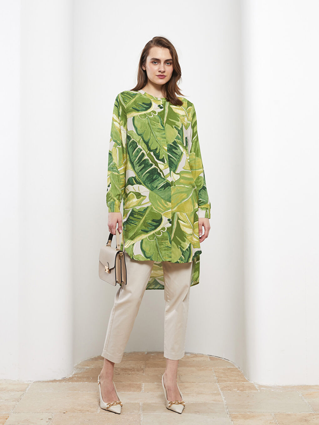 Karışık Bisiklet Yaka Desenli Uzun Kollu Viskon Kadın Tunik-3