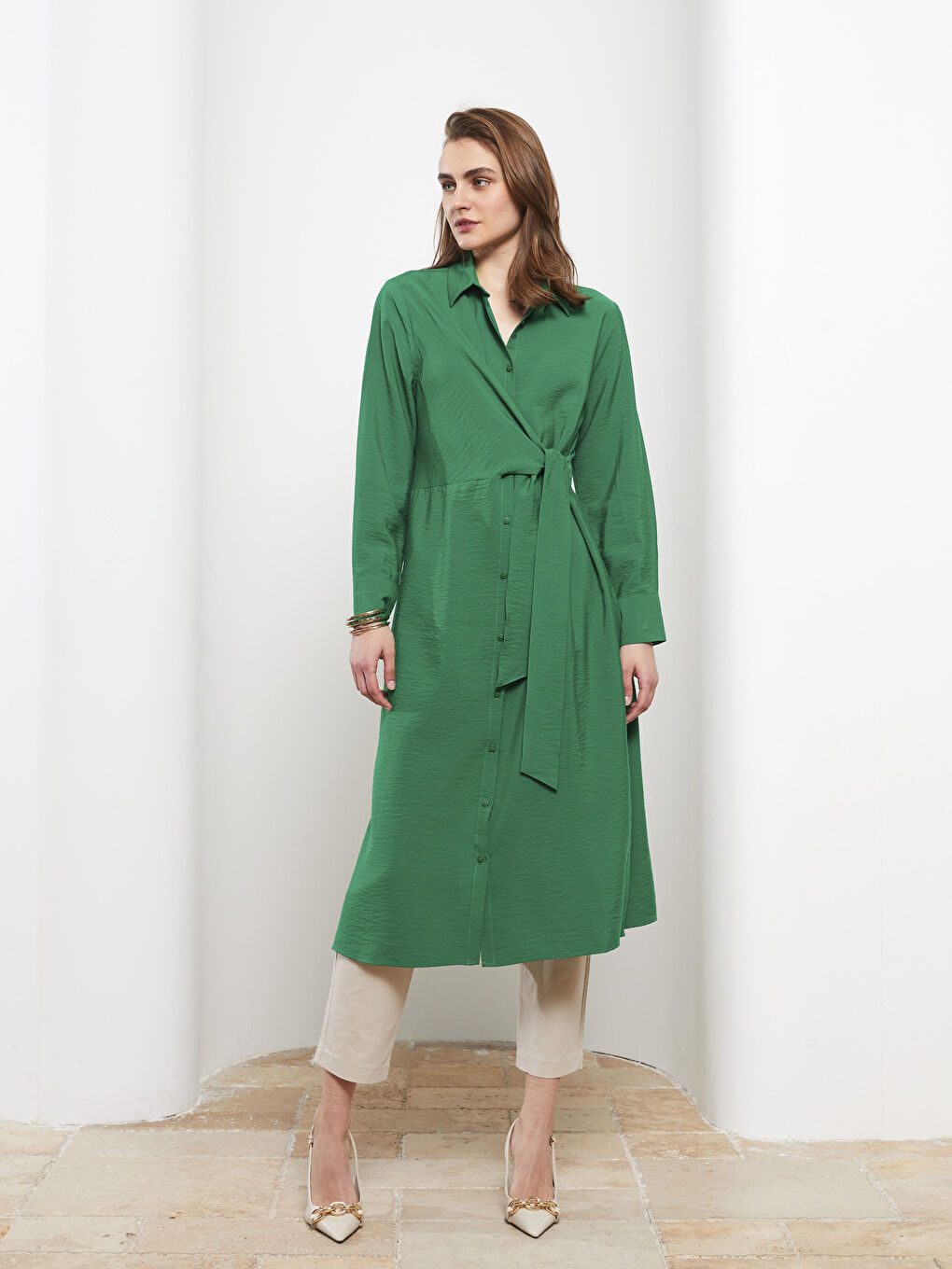 Yeşil Düz Uzun Kollu Kadın Gömlek Tunik