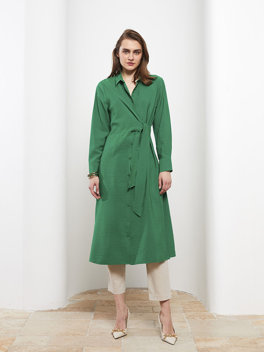 Yeşil Düz Uzun Kollu Kadın Gömlek Tunik-1