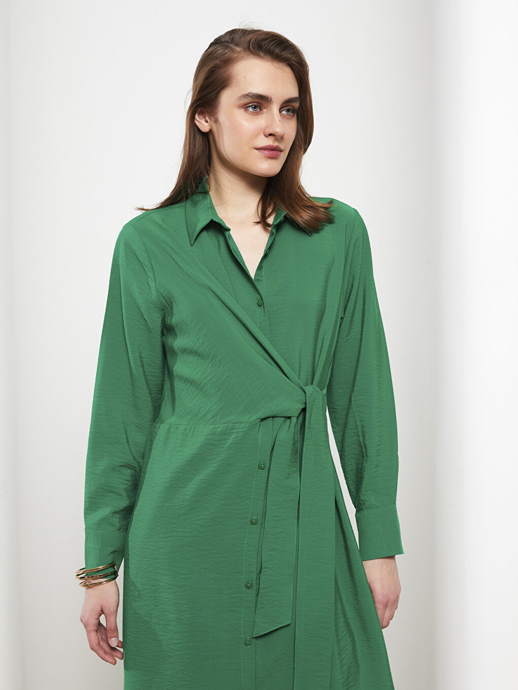 Yeşil Düz Uzun Kollu Kadın Gömlek Tunik-2