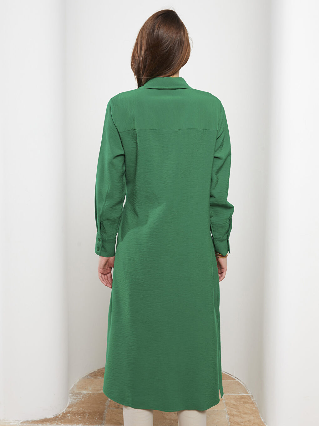 Yeşil Düz Uzun Kollu Kadın Gömlek Tunik-4