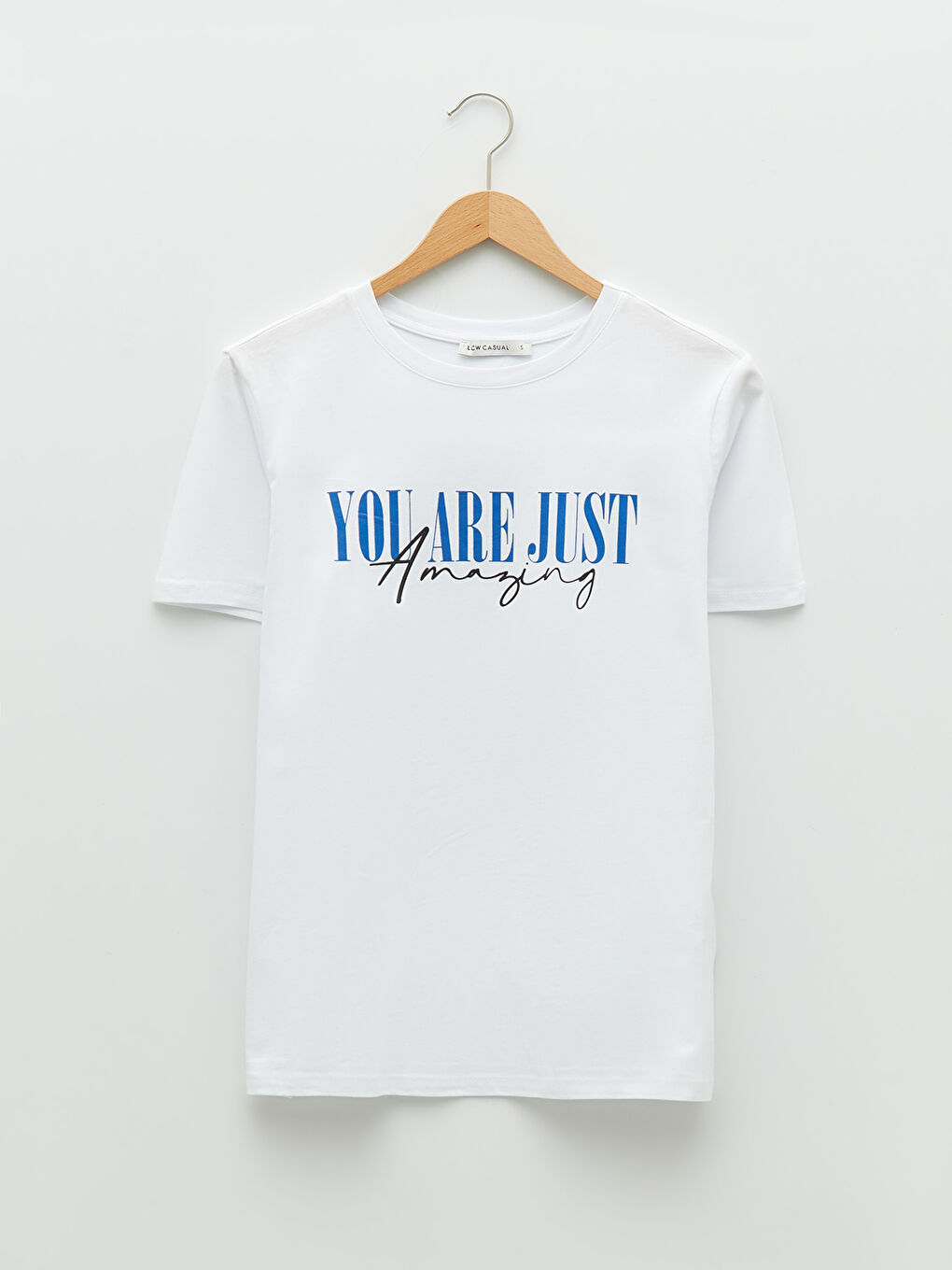 Beyaz Bisiklet Yaka Baskılı Kısa Kollu Pamuklu Kadın Tişört-5