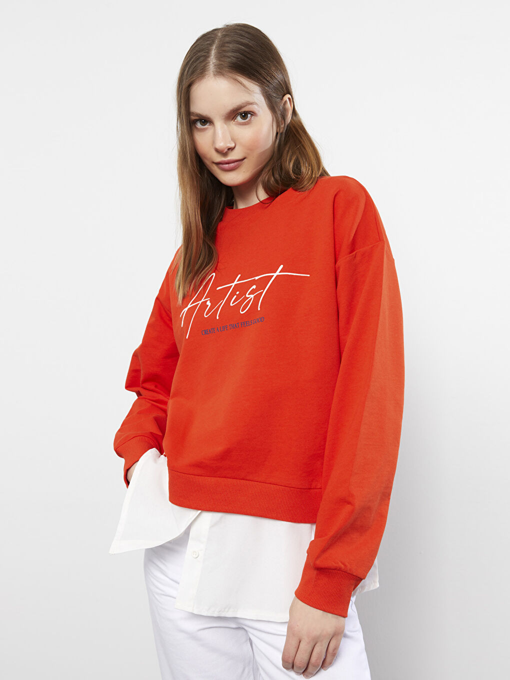 Turuncu Bisiklet Yaka Yazı Baskılı Uzun Kollu Kadın Sweatshirt