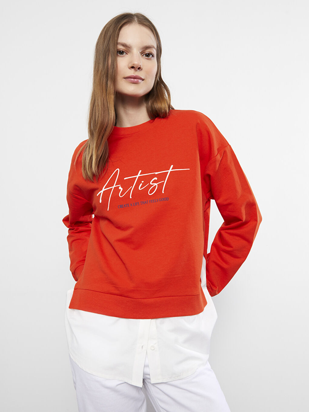 Turuncu Bisiklet Yaka Yazı Baskılı Uzun Kollu Kadın Sweatshirt-1