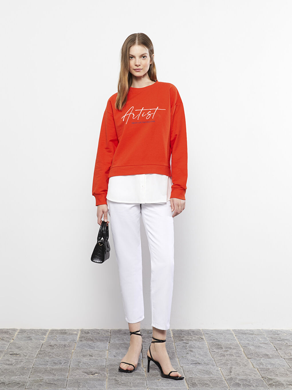 Turuncu Bisiklet Yaka Yazı Baskılı Uzun Kollu Kadın Sweatshirt-2