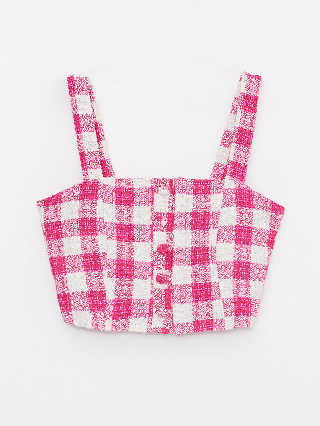 Pembe Kare Yaka Ekose Askılı Crop Kadın Tüvit Bluz-5