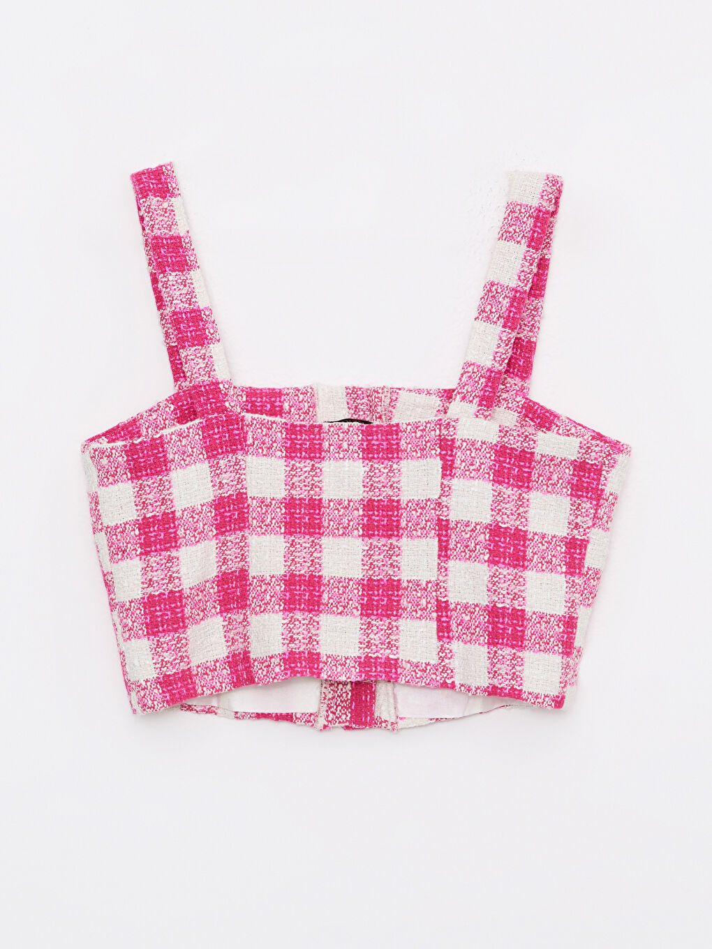 Pembe Kare Yaka Ekose Askılı Crop Kadın Tüvit Bluz-6