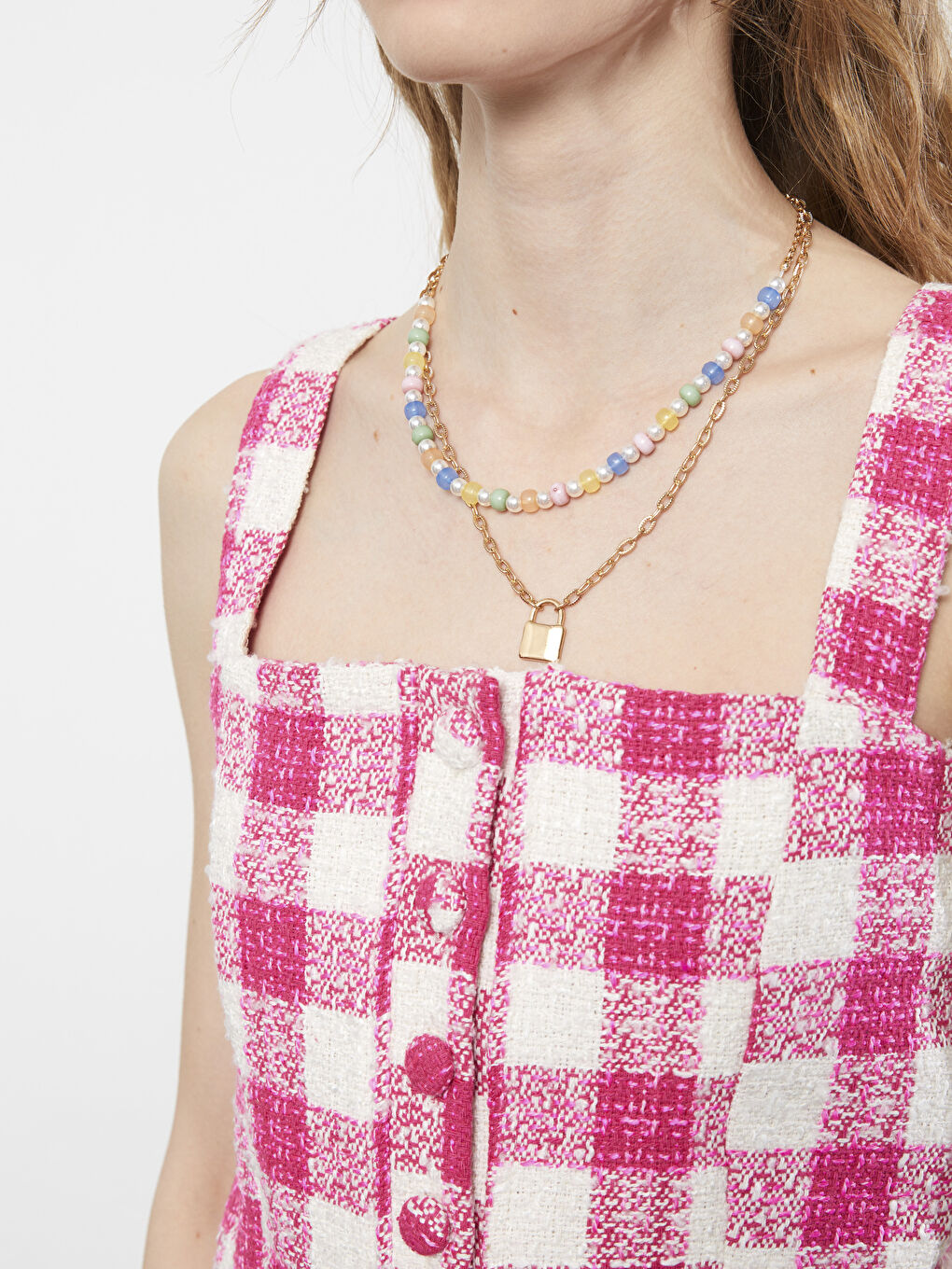 Pembe Kare Yaka Ekose Askılı Crop Kadın Tüvit Bluz-3