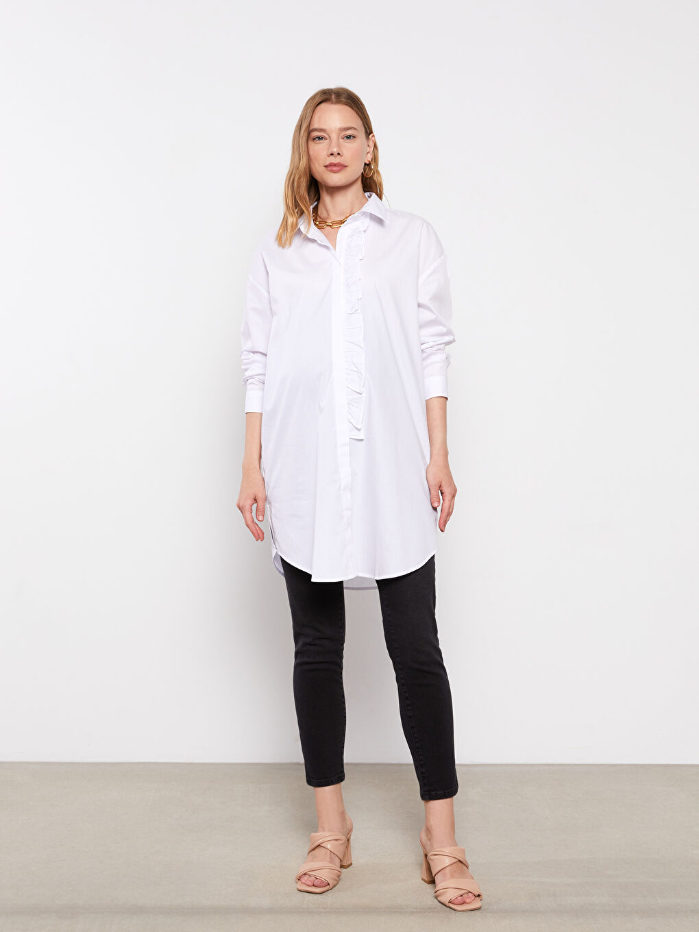 قميص تونيك حوامل بوبلين كم طويل سادة-1