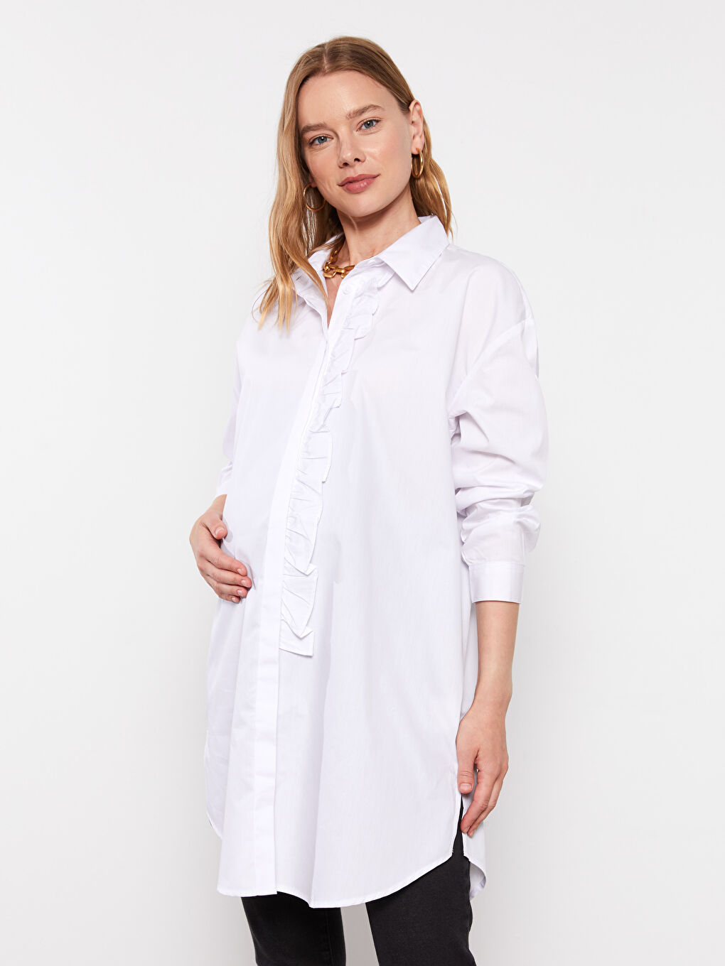 قميص تونيك حوامل بوبلين كم طويل سادة-2