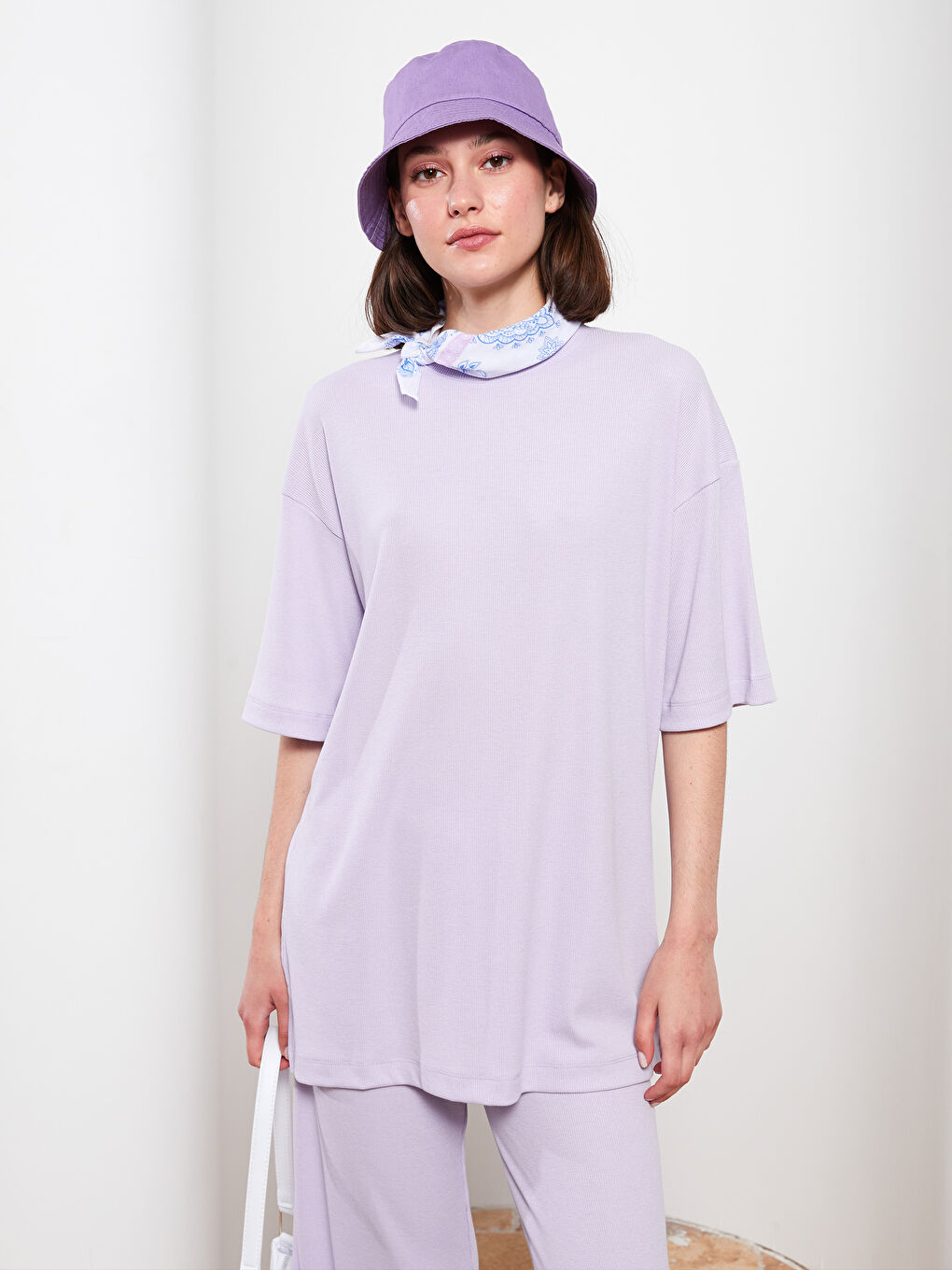 Tunică simplă cu mânecă scurtă și guler rotund pentru femei-2