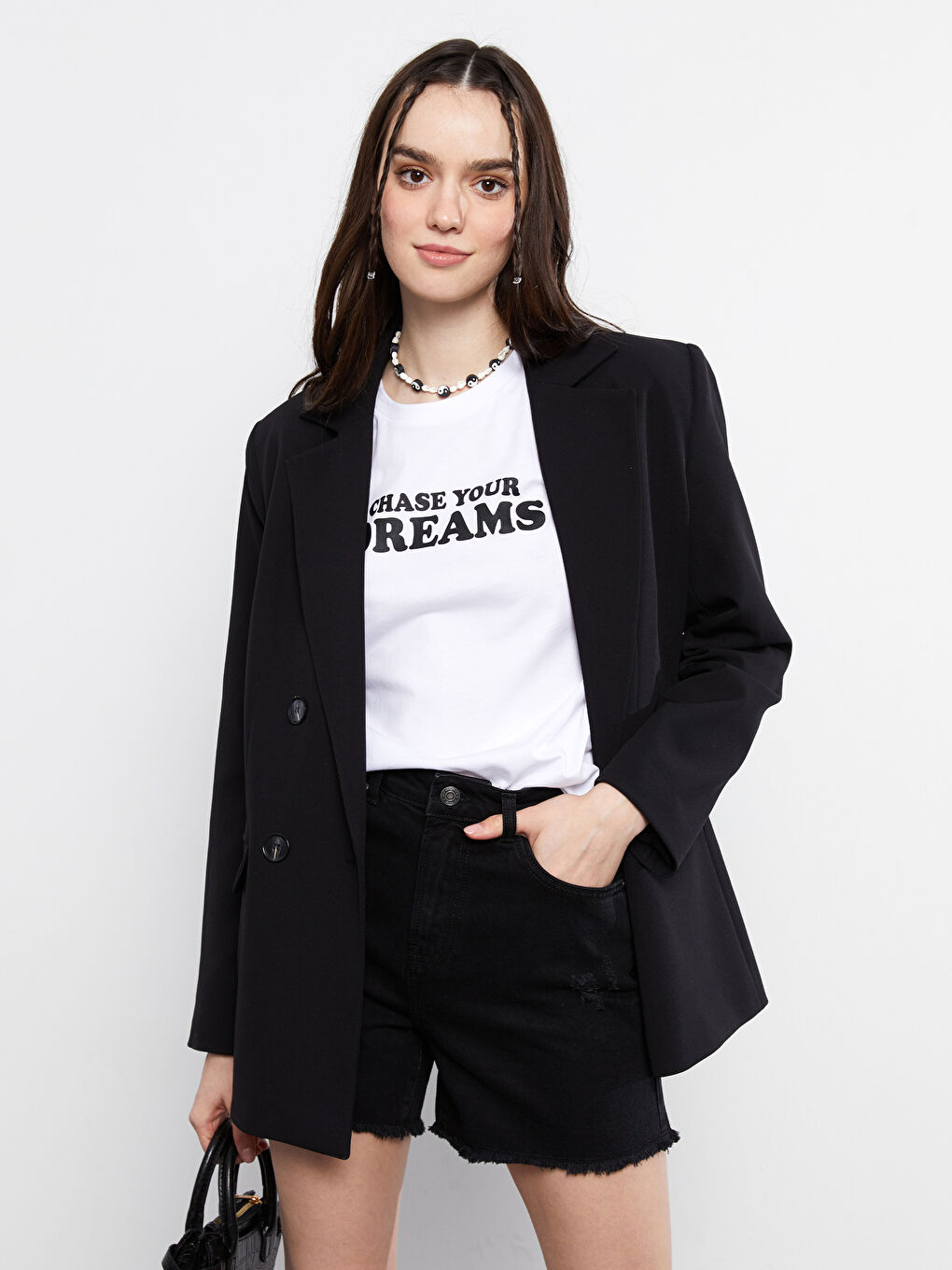 Beyaz Bisiklet Yaka Yazı Baskılı Kısa Kollu Pamuklu Kadın Tişört-1