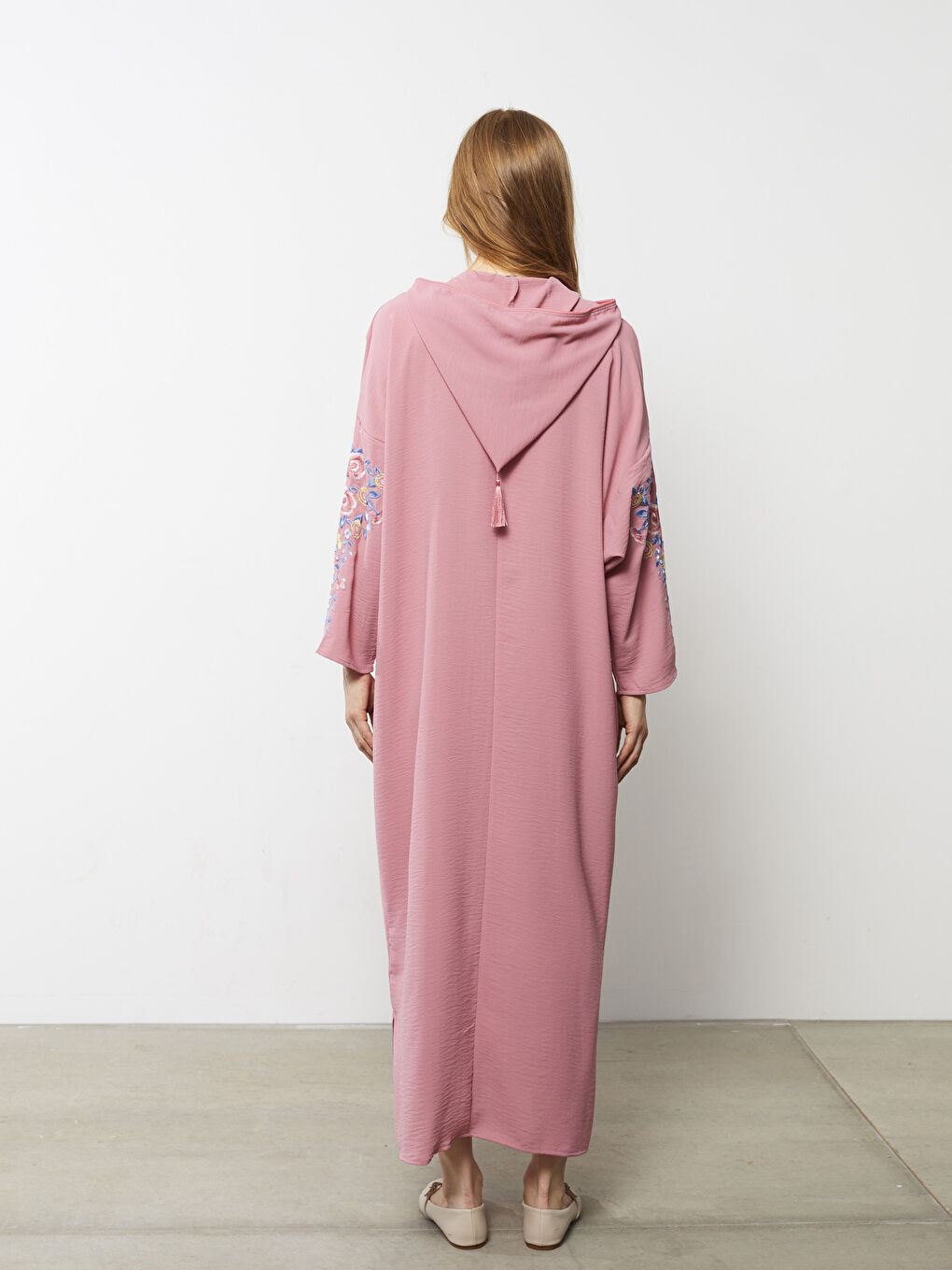 Pembe Kapüşonlu Nakışlı Uzun Kollu Kadın Elbise-9