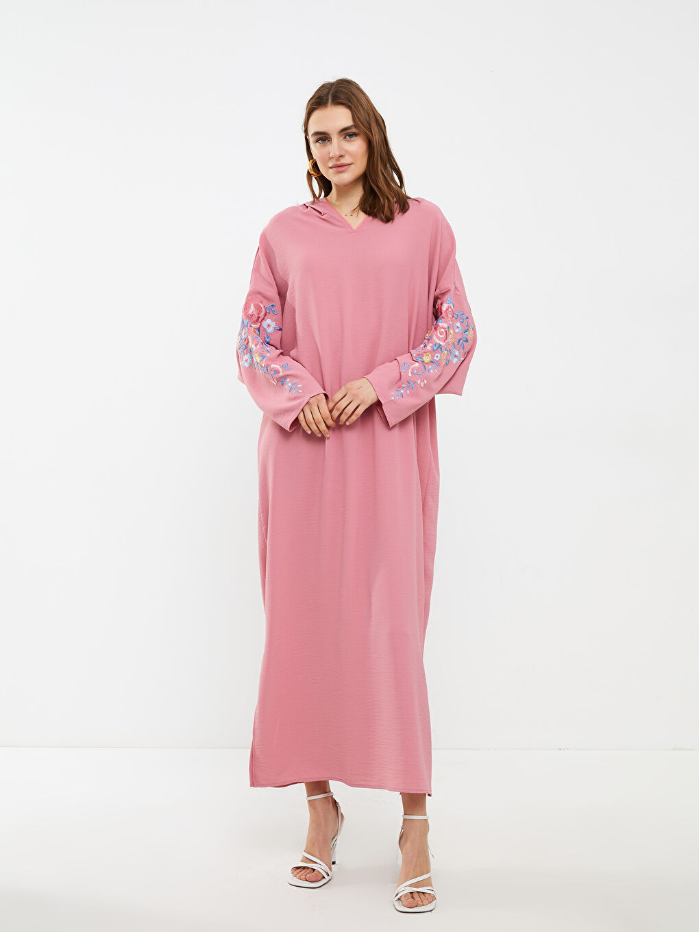 Pembe Kapüşonlu Nakışlı Uzun Kollu Kadın Elbise-2