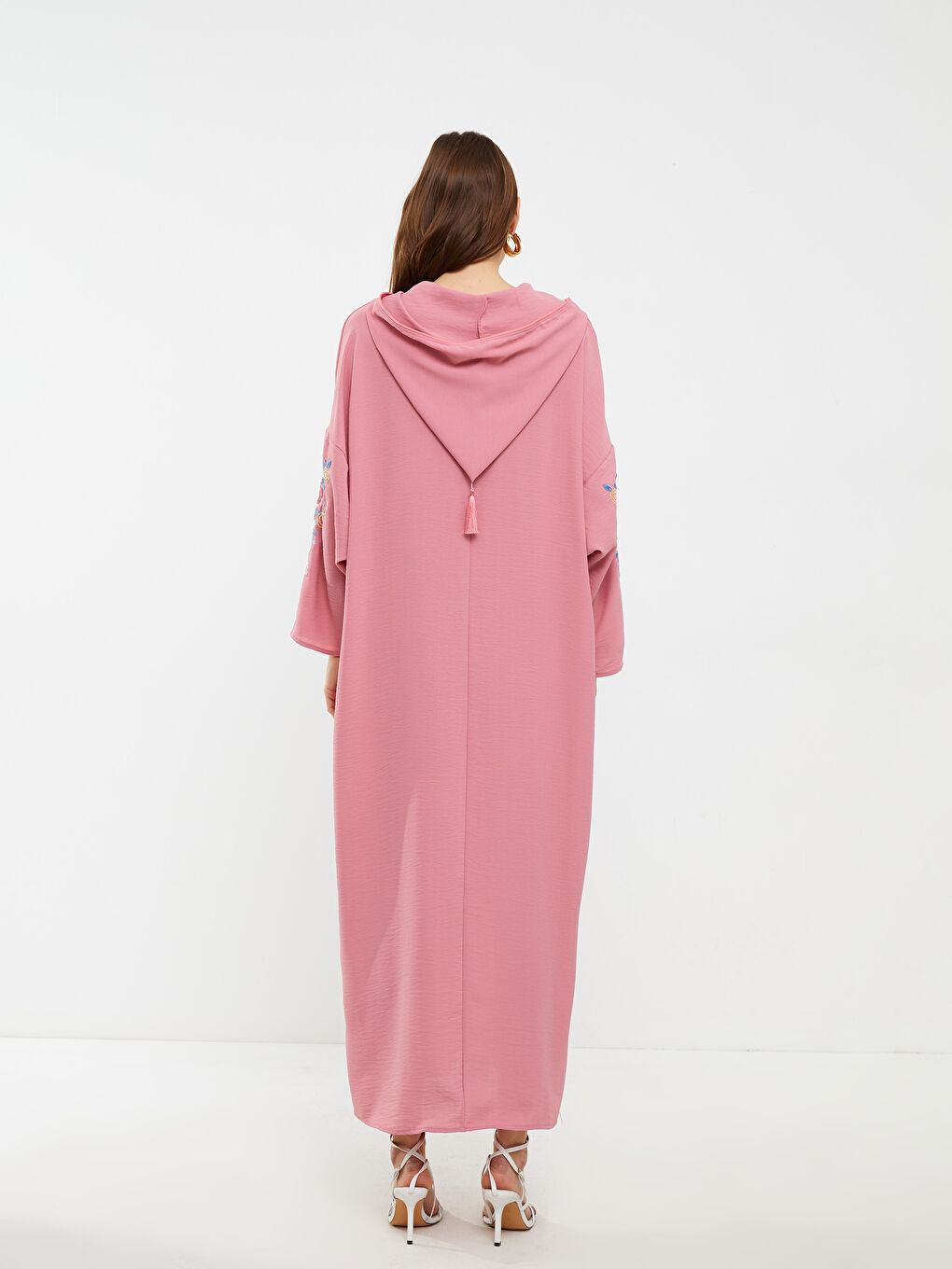 Pembe Kapüşonlu Nakışlı Uzun Kollu Kadın Elbise-8