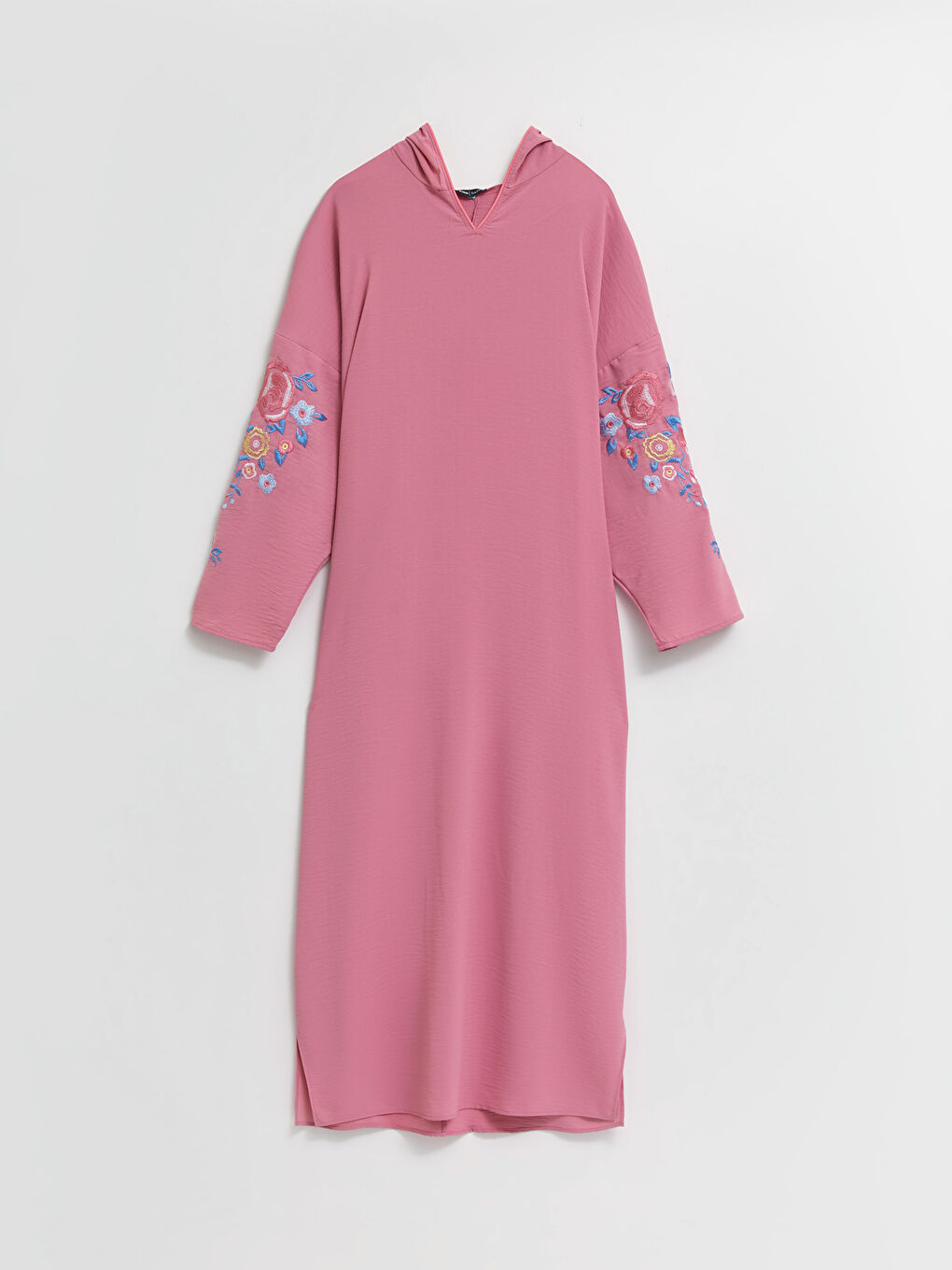 Pembe Kapüşonlu Nakışlı Uzun Kollu Kadın Elbise-10