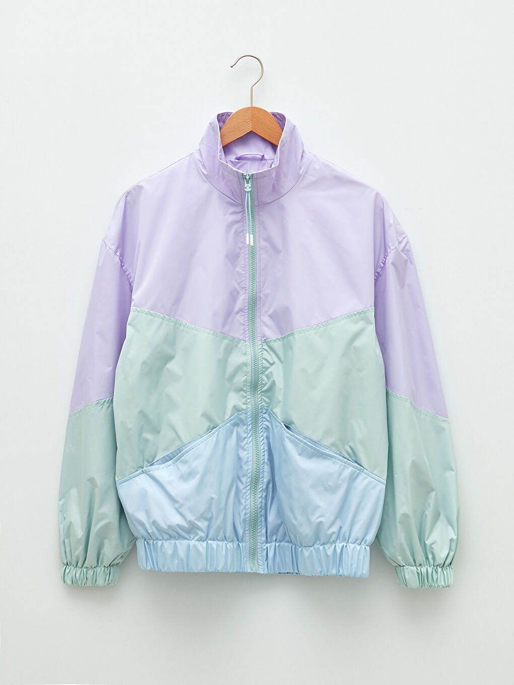 Lila Dik Yaka Renk Bloklu Uzun Kollu Kadın Yağmurluk-5