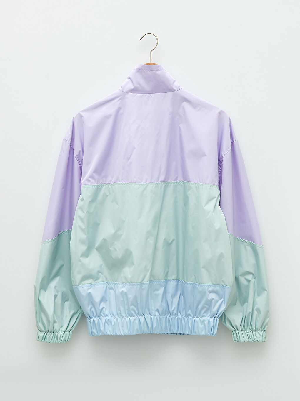 Lila Dik Yaka Renk Bloklu Uzun Kollu Kadın Yağmurluk-6